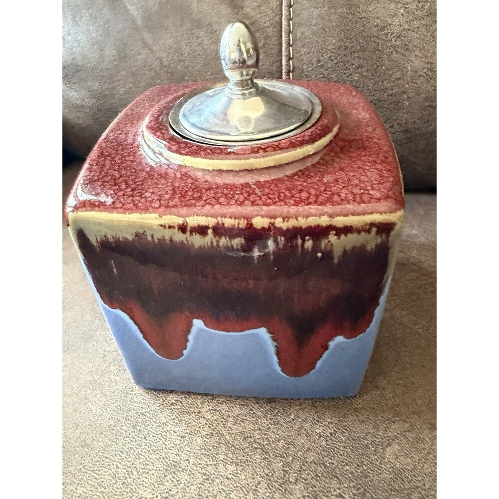 Vtg .Brown & Blue Drip Art Pottery Square Vase  Steel Insert Lid Candle Oil Burn